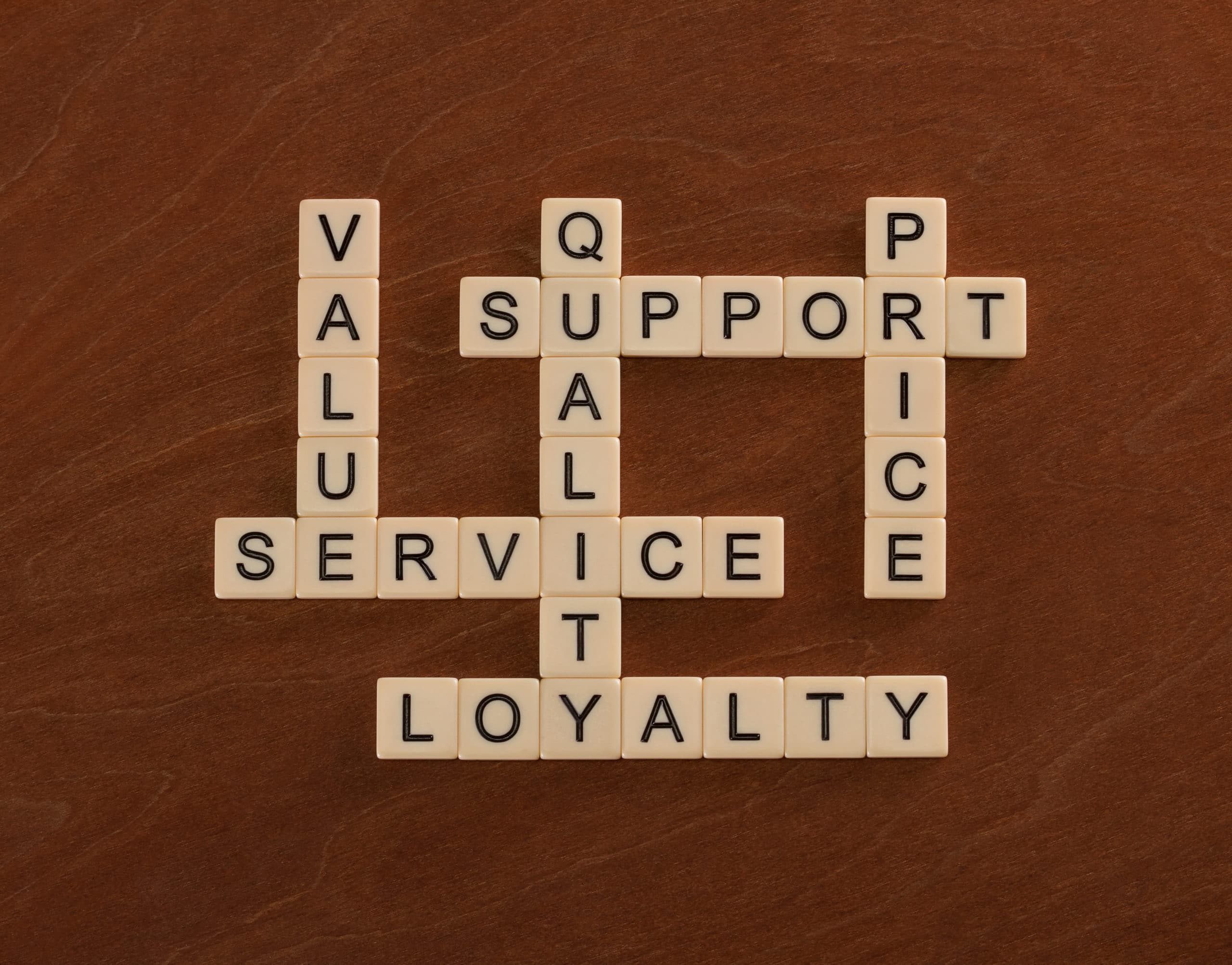 alphabet bricks spelling Value, Service, quality, support, price and loyalty