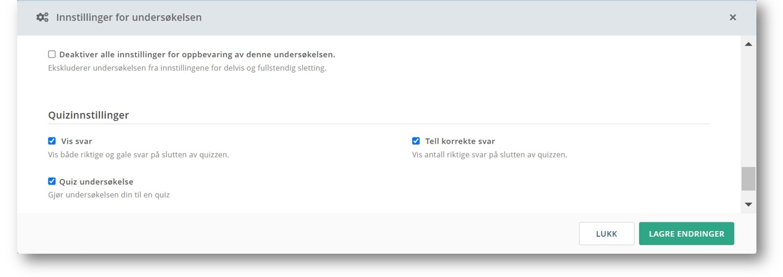 Innstillinger for en online quiz