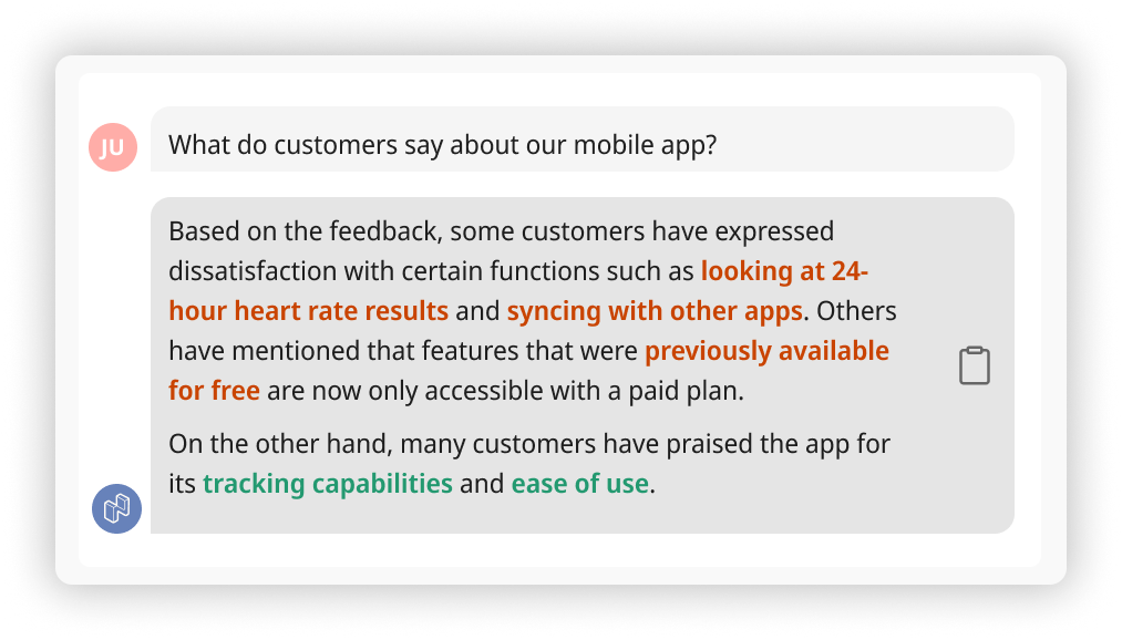 Example of question asked to Netigate Ask AI, with answer from actual customer feedback