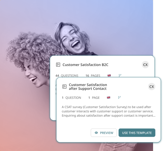 Two example of CSat survey templates by Netigate on a background picture