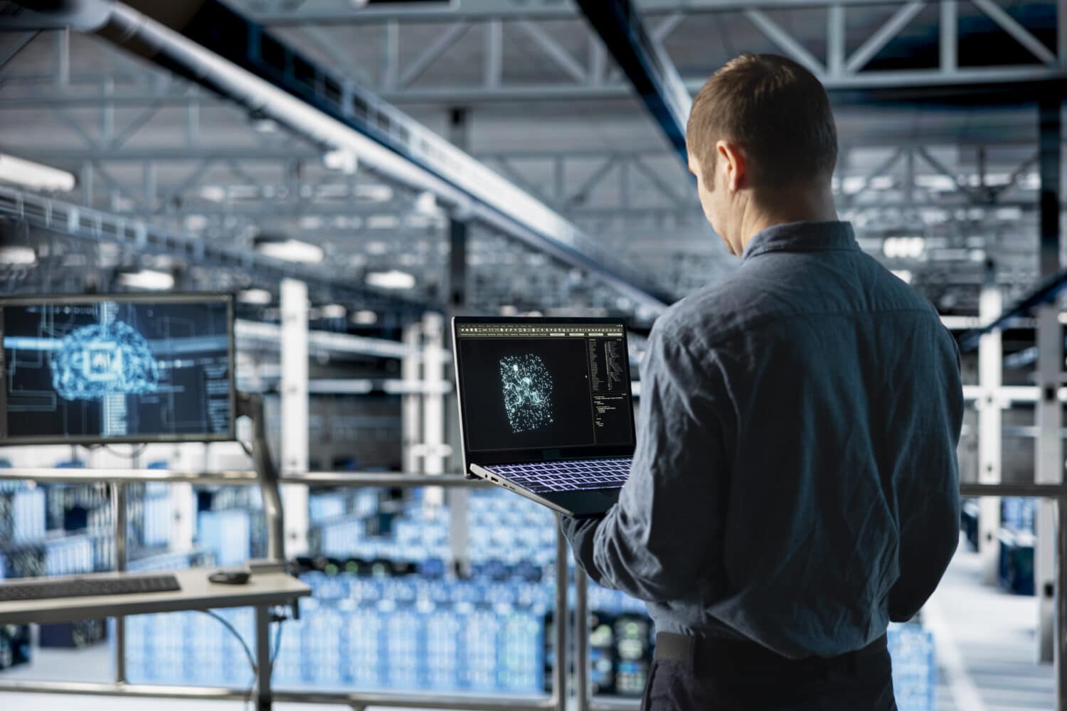 Data center IT specialist monitoring AI LLM visualization output