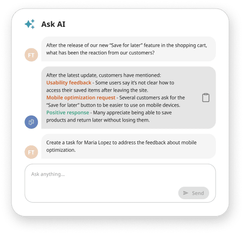 Mockup showing an AI assistant analyzing customer feedback about a new e-commerce feature and automatically creating a task based on the insights.