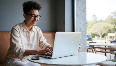 Ung man använder sin laptop