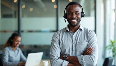 Smiling customer service team with headsets and laptop, illustrating efficient handling of customer inquiries in insurance.